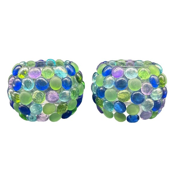 Libbey Other - VTG Libbey PURPLE BLUE GREEN Decorative Stones On Glass Candle Votive Holders-2